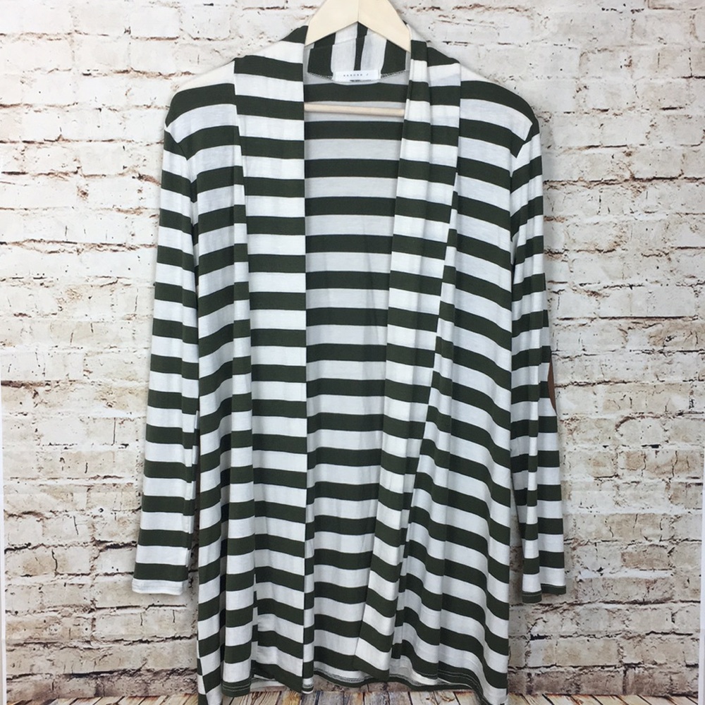 Reborn J green striped cardigan brown elbow patch